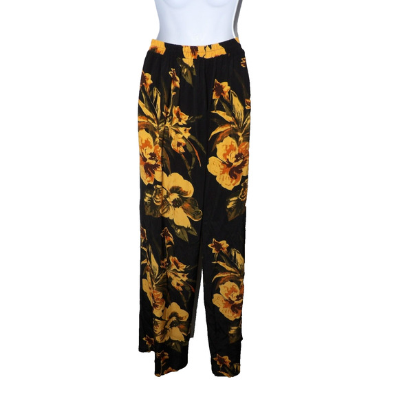Faithfull The Brand Sz 6 Wrap Pants Black Orange Floral Palazzo Front Slits Pull - Picture 7 of 16